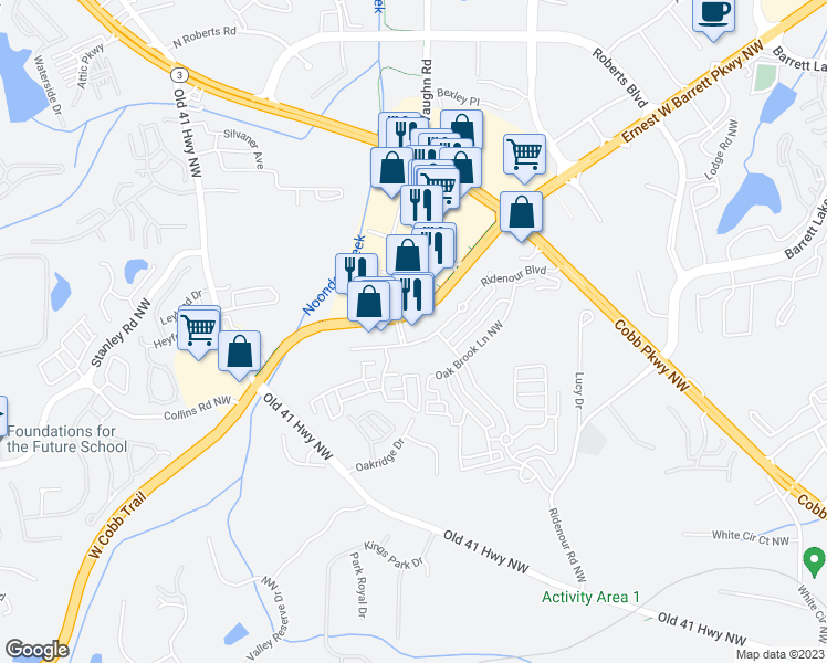 map of restaurants, bars, coffee shops, grocery stores, and more near 1610 Ridenour Boulevard in Kennesaw