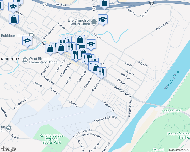 map of restaurants, bars, coffee shops, grocery stores, and more near 3854 Mennes Avenue in Riverside