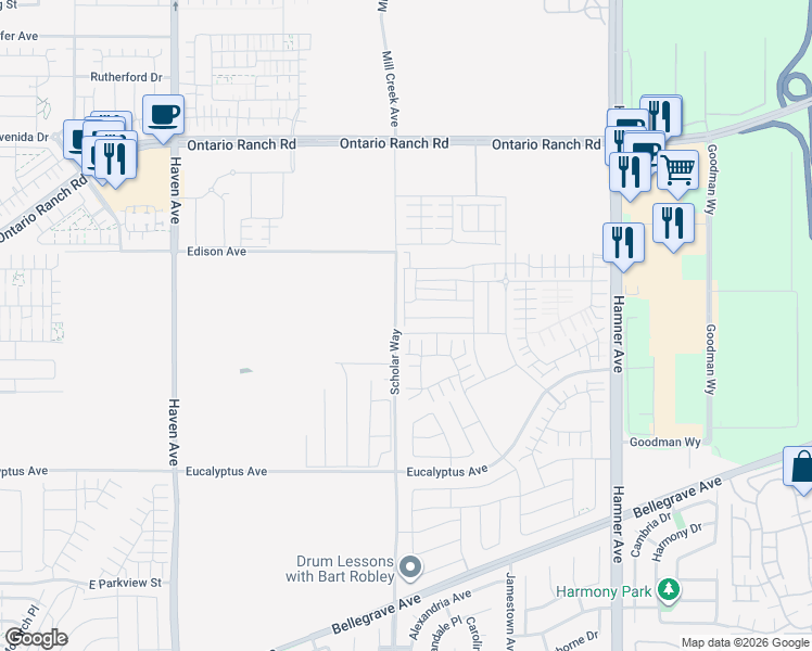 map of restaurants, bars, coffee shops, grocery stores, and more near 14109-14493 Cleveland Avenue in Ontario