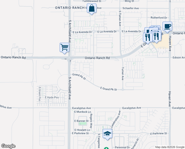 map of restaurants, bars, coffee shops, grocery stores, and more near 9811 Edison Avenue in Ontario