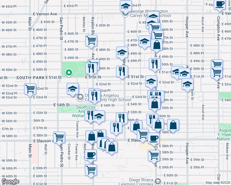 map of restaurants, bars, coffee shops, grocery stores, and more near 763 East 53rd Street in Los Angeles