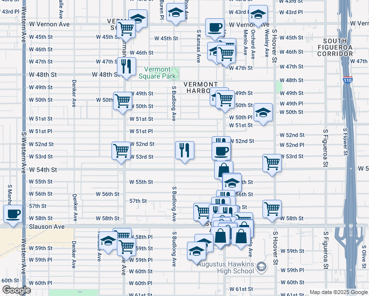 map of restaurants, bars, coffee shops, grocery stores, and more near 1123 West 53rd Street in Los Angeles
