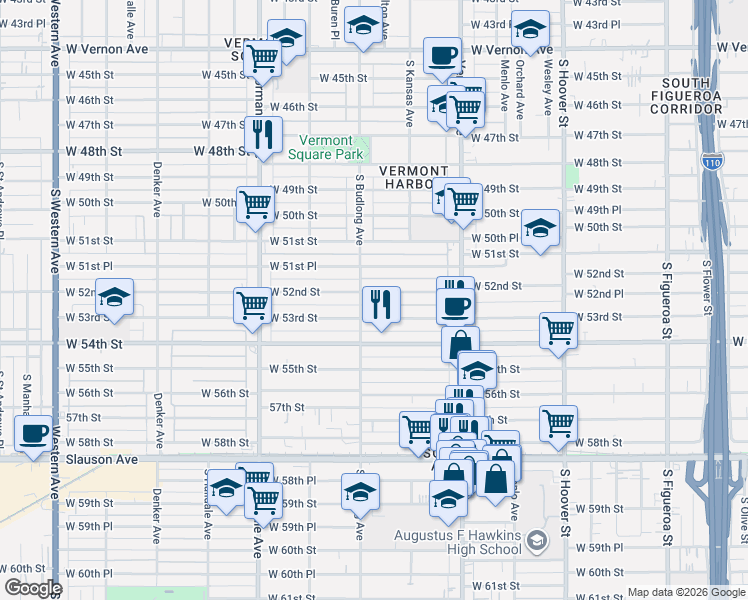 map of restaurants, bars, coffee shops, grocery stores, and more near 1201 West 53rd Street in Los Angeles