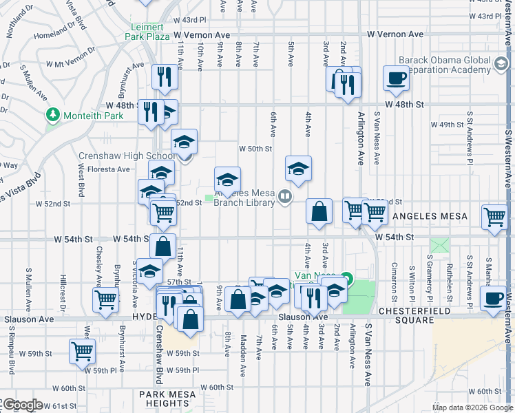 map of restaurants, bars, coffee shops, grocery stores, and more near 5316 7th Avenue in Los Angeles