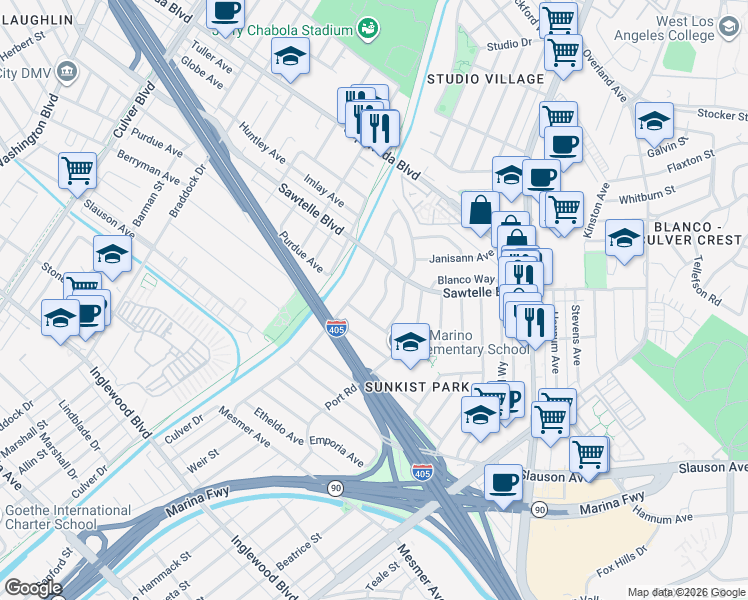 map of restaurants, bars, coffee shops, grocery stores, and more near 5150 Purdue Avenue in Culver City