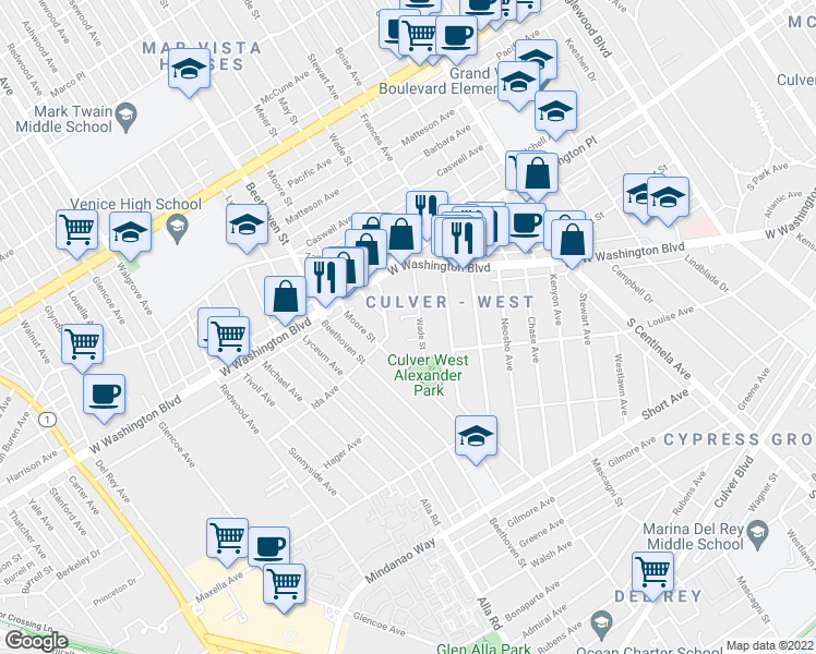 map of restaurants, bars, coffee shops, grocery stores, and more near 4124 Wade Street in Los Angeles