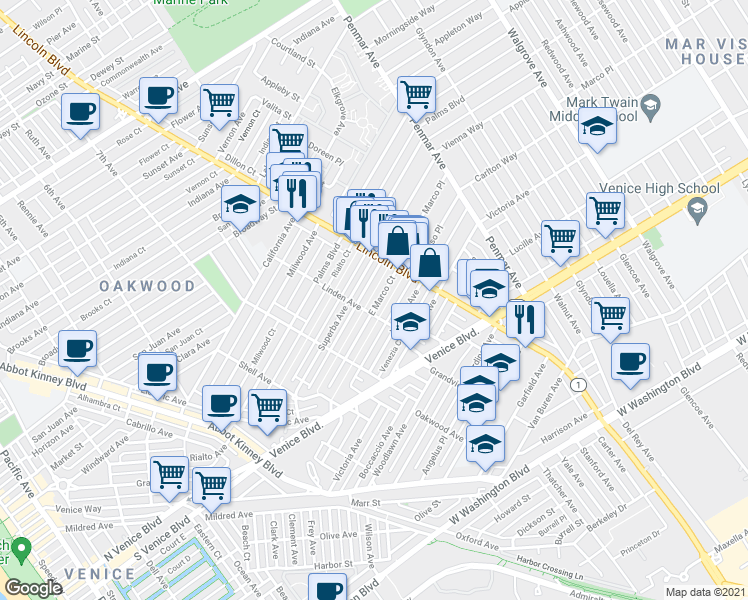 map of restaurants, bars, coffee shops, grocery stores, and more near 902 Marco Place in Los Angeles