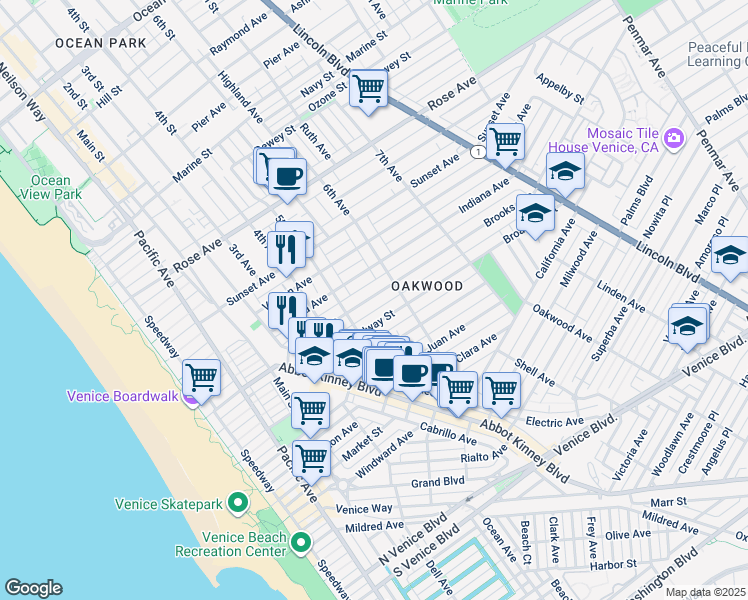 map of restaurants, bars, coffee shops, grocery stores, and more near 512 Brooks Avenue in Los Angeles