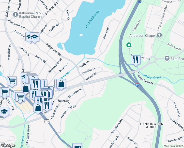 map of restaurants, bars, coffee shops, grocery stores, and more near 4632 Oxford Road in Columbia