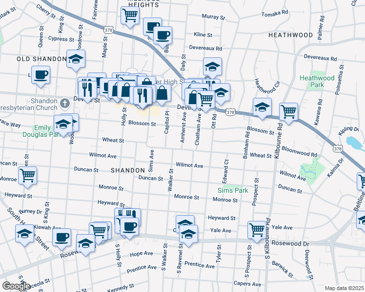map of restaurants, bars, coffee shops, grocery stores, and more near 3226 Wheat Street in Columbia