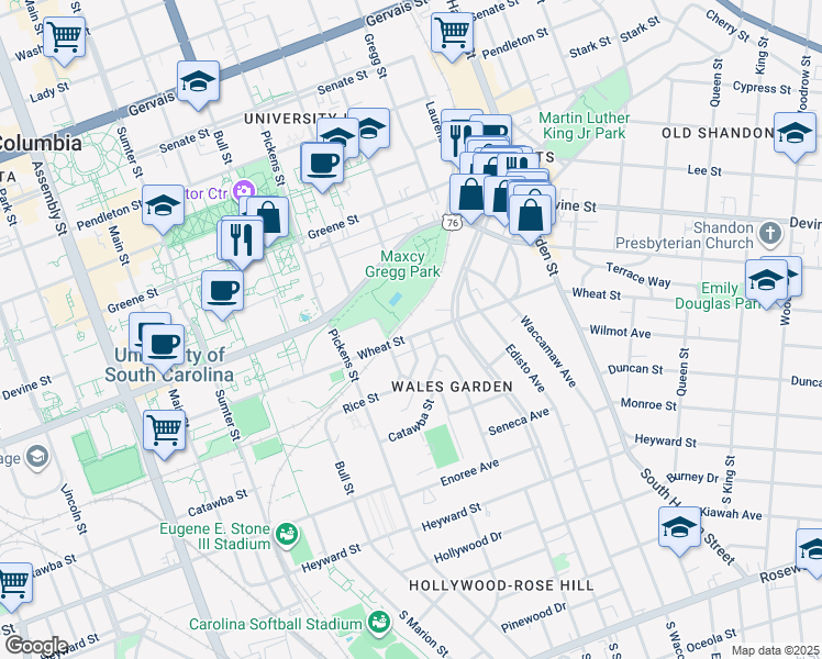 map of restaurants, bars, coffee shops, grocery stores, and more near 1711 Wheat Street in Columbia