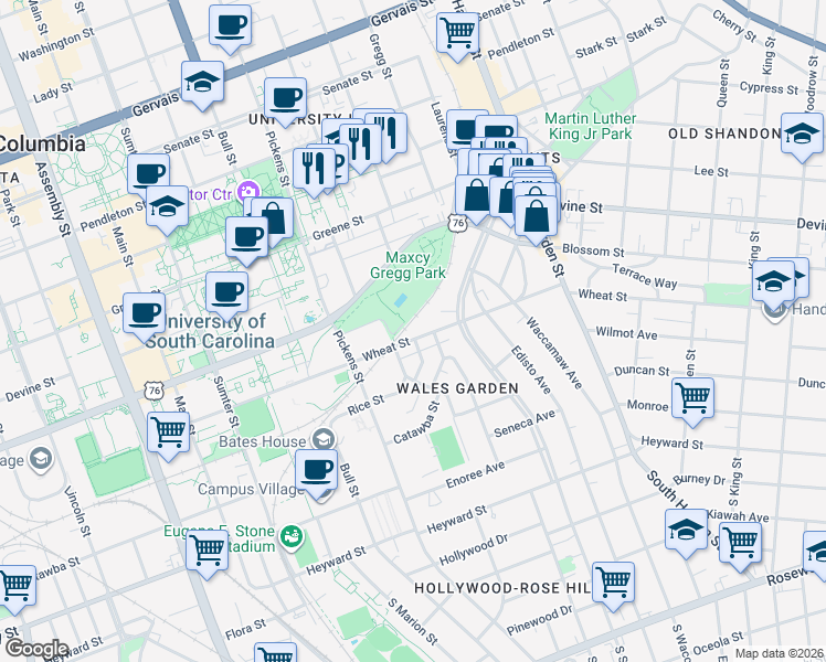 map of restaurants, bars, coffee shops, grocery stores, and more near 1711 Wheat Street in Columbia
