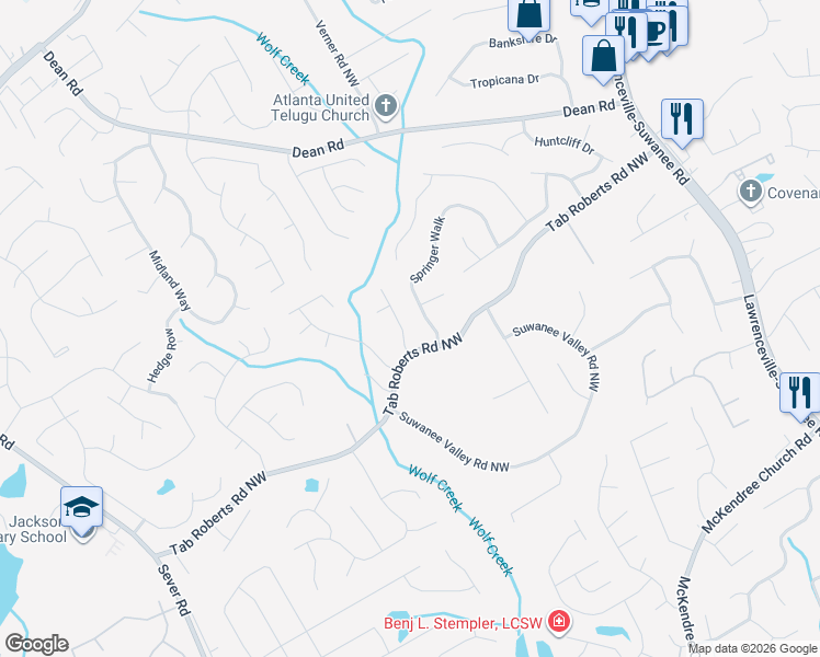 map of restaurants, bars, coffee shops, grocery stores, and more near 2315 Springer Walk in Lawrenceville
