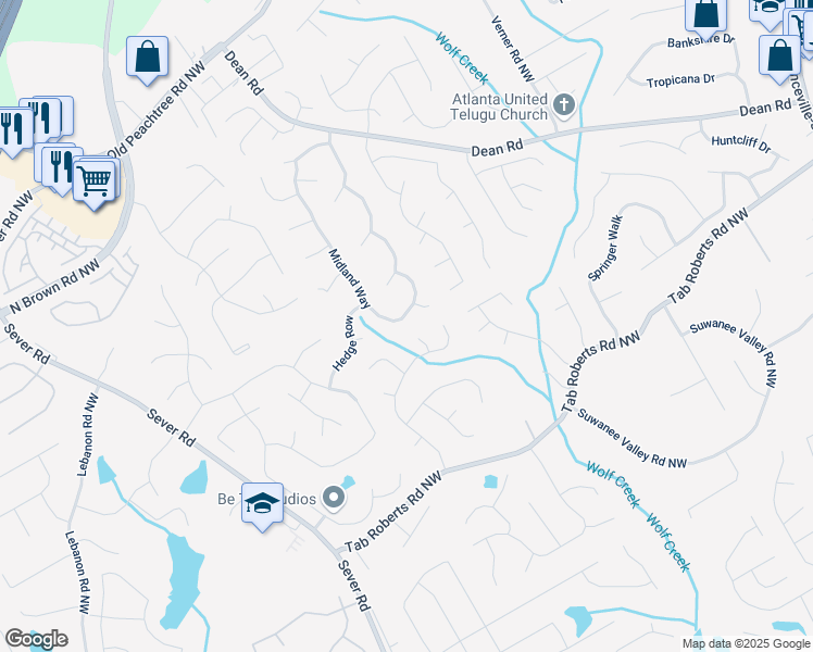 map of restaurants, bars, coffee shops, grocery stores, and more near 1190 Midland Way in Lawrenceville