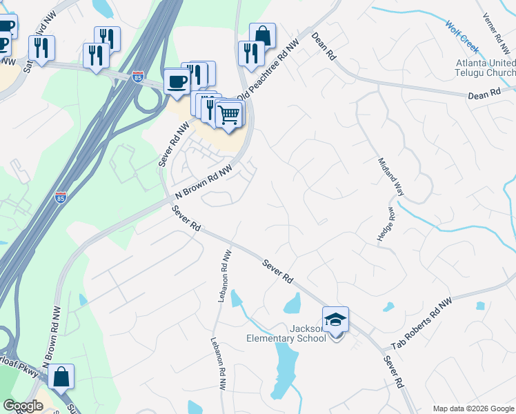 map of restaurants, bars, coffee shops, grocery stores, and more near 1380 Pinehurst Hunt in Lawrenceville