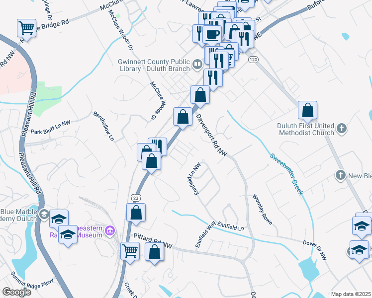 map of restaurants, bars, coffee shops, grocery stores, and more near 3330 Pickens Street in Duluth
