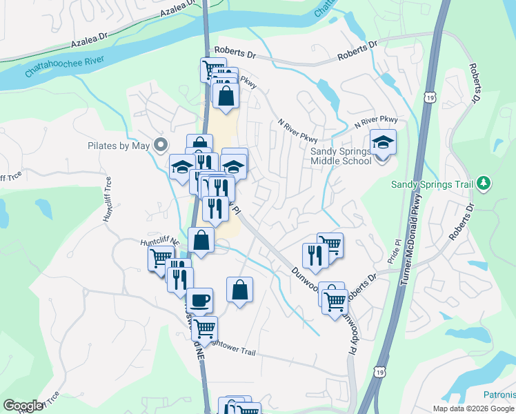 map of restaurants, bars, coffee shops, grocery stores, and more near 125 North River Drive in Sandy Springs