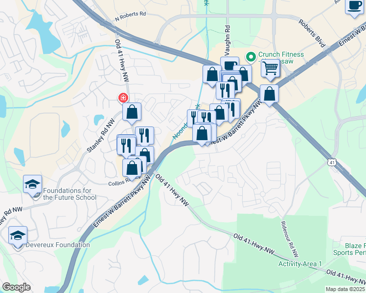 map of restaurants, bars, coffee shops, grocery stores, and more near 1615 Ridenour Boulevard Northwest in Kennesaw