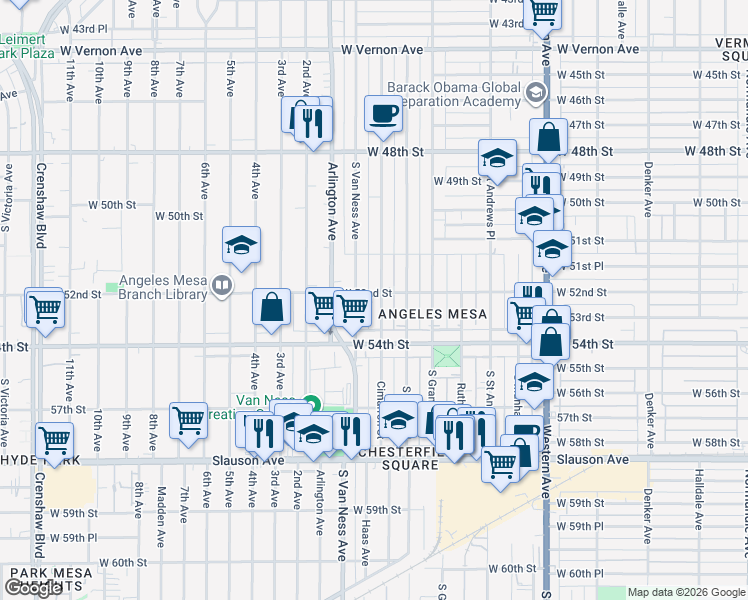 map of restaurants, bars, coffee shops, grocery stores, and more near 5207 Cimarron Street in Los Angeles