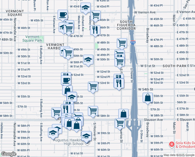 map of restaurants, bars, coffee shops, grocery stores, and more near 730 West 52nd Place in Los Angeles