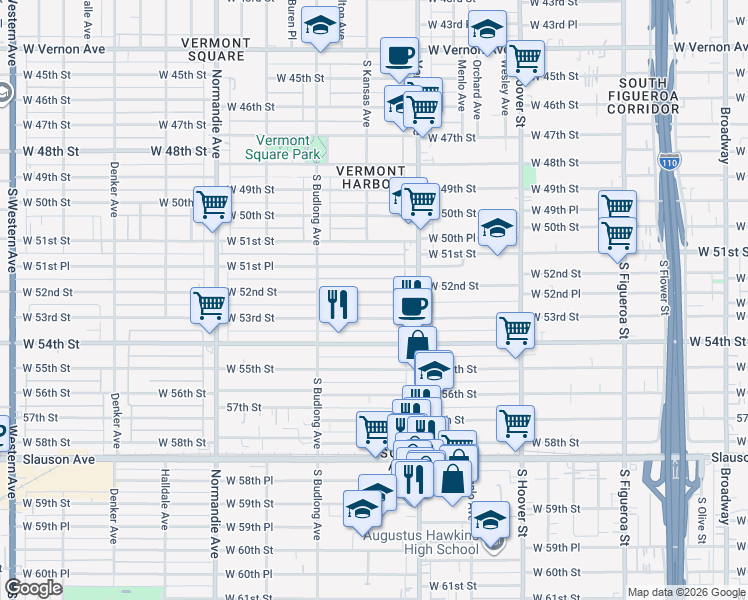 map of restaurants, bars, coffee shops, grocery stores, and more near 1056 West 52nd Street in Los Angeles