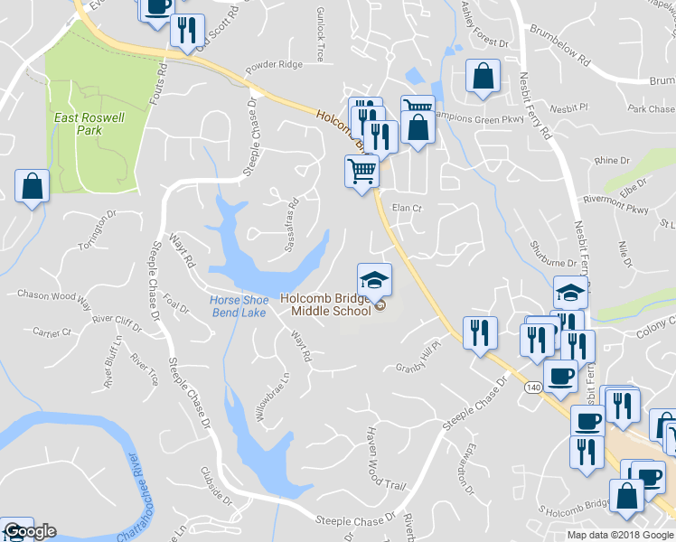map of restaurants, bars, coffee shops, grocery stores, and more near 285 Watercress Drive in Roswell
