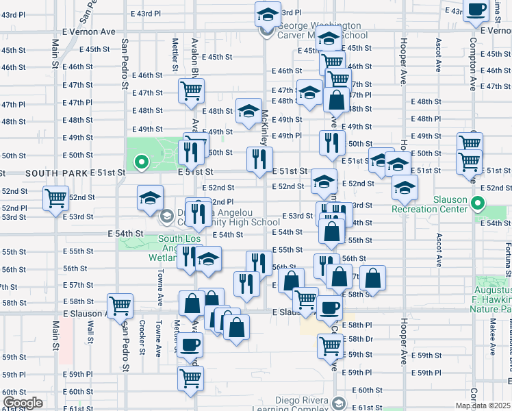 map of restaurants, bars, coffee shops, grocery stores, and more near 768 East 52nd Place in Los Angeles
