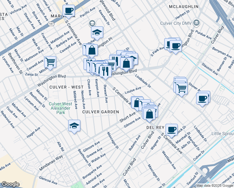map of restaurants, bars, coffee shops, grocery stores, and more near 12441 Louise Avenue in Los Angeles