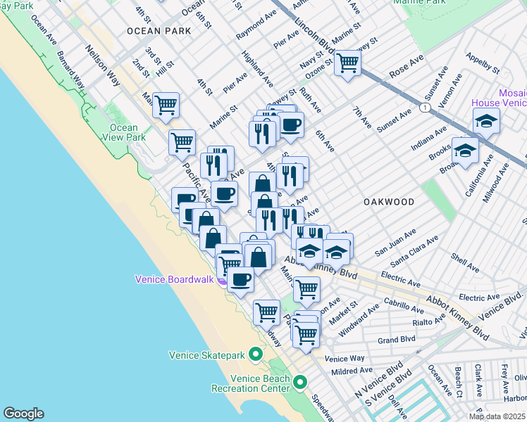 map of restaurants, bars, coffee shops, grocery stores, and more near 295 Vernon Avenue in Los Angeles