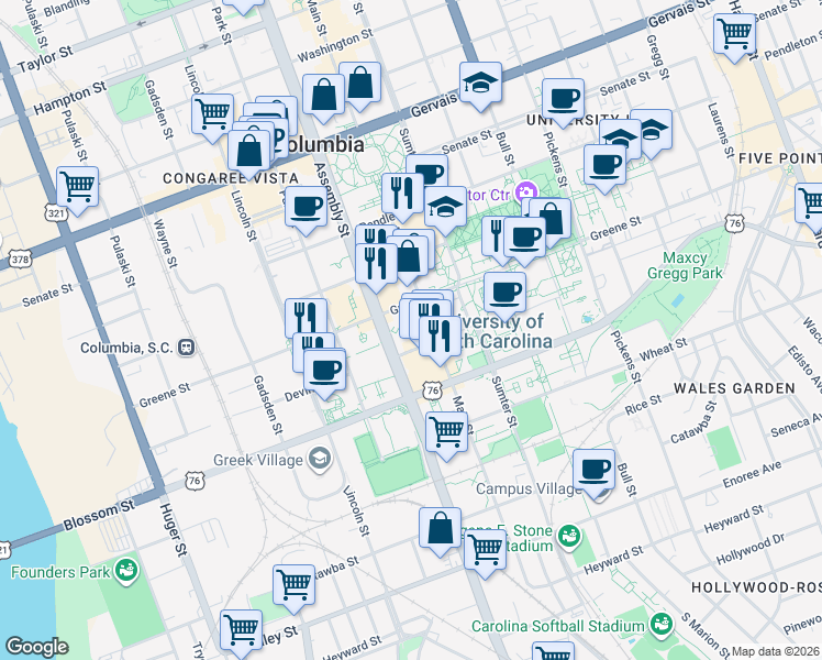 map of restaurants, bars, coffee shops, grocery stores, and more near 1107 Devine Street in Columbia