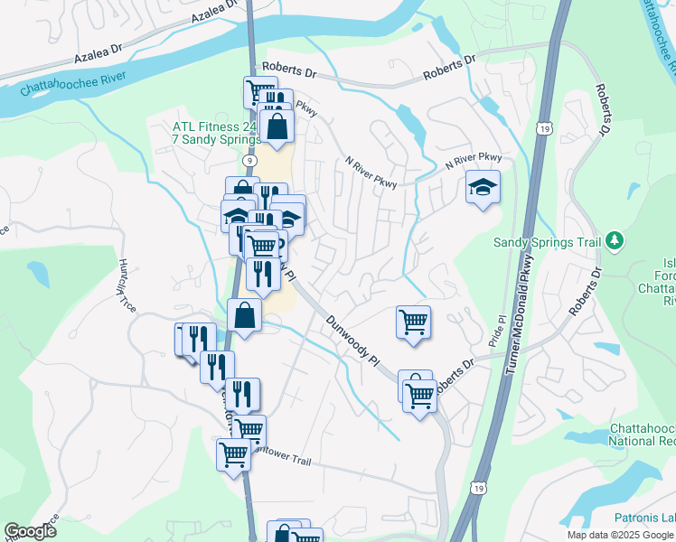 map of restaurants, bars, coffee shops, grocery stores, and more near 105 North River Drive in Atlanta