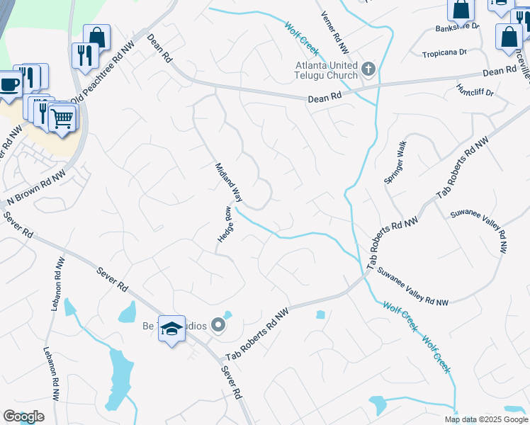 map of restaurants, bars, coffee shops, grocery stores, and more near 1190 Midland Way in Lawrenceville