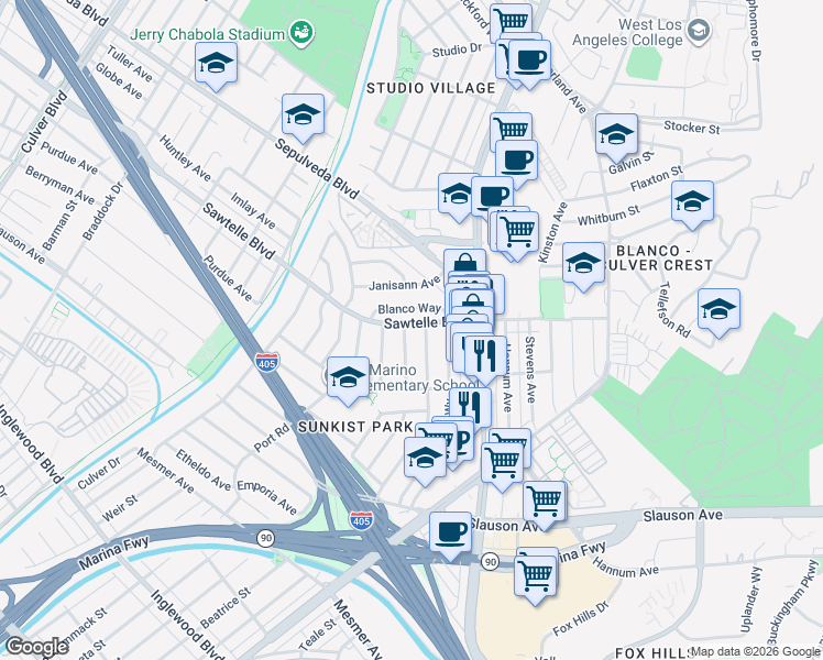 map of restaurants, bars, coffee shops, grocery stores, and more near 11202 Patom Drive in Culver City