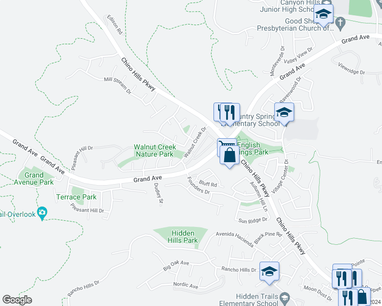 map of restaurants, bars, coffee shops, grocery stores, and more near 2030 Villa Del Lago Drive in Chino Hills