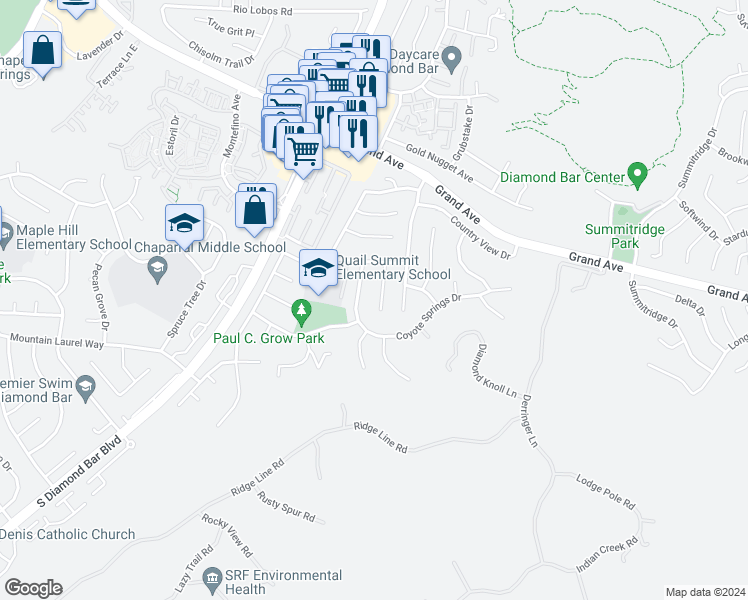 map of restaurants, bars, coffee shops, grocery stores, and more near 1447 Copper Mountain Drive in Diamond Bar