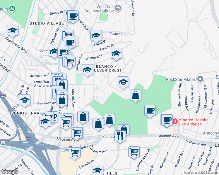 map of restaurants, bars, coffee shops, grocery stores, and more near 5827 Tellefson Road in Culver City