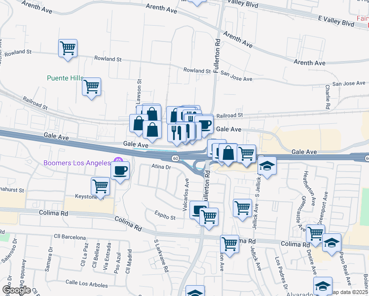 map of restaurants, bars, coffee shops, grocery stores, and more near 18200 East Gale Avenue in Rowland Heights