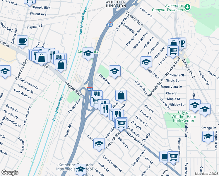 map of restaurants, bars, coffee shops, grocery stores, and more near 5808 Adele Avenue in Whittier