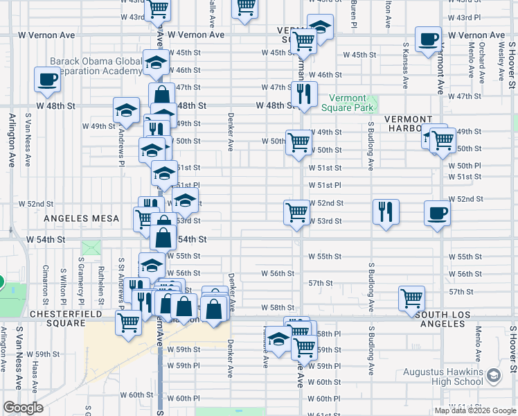 map of restaurants, bars, coffee shops, grocery stores, and more near 1533 West 53rd Street in Los Angeles