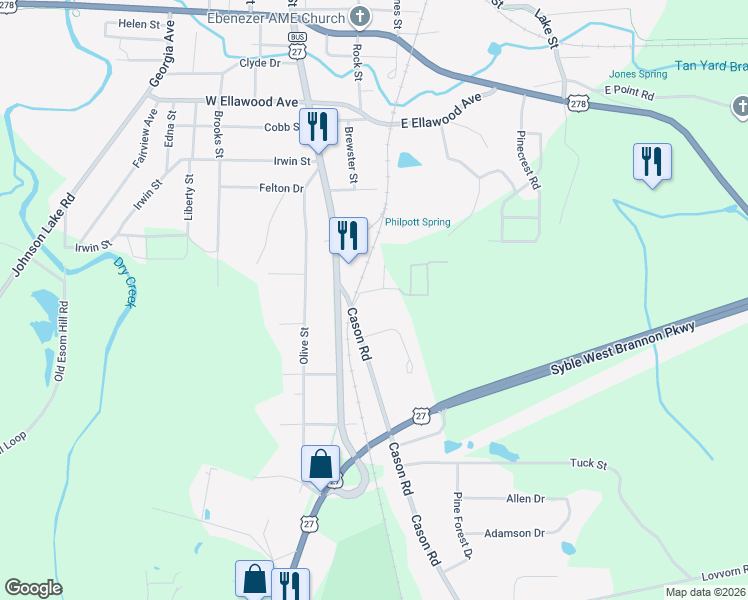 map of restaurants, bars, coffee shops, grocery stores, and more near 117 Cason Road in Cedartown