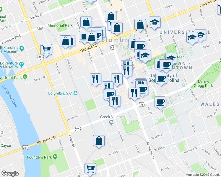 map of restaurants, bars, coffee shops, grocery stores, and more near 915 Greene Street in Columbia