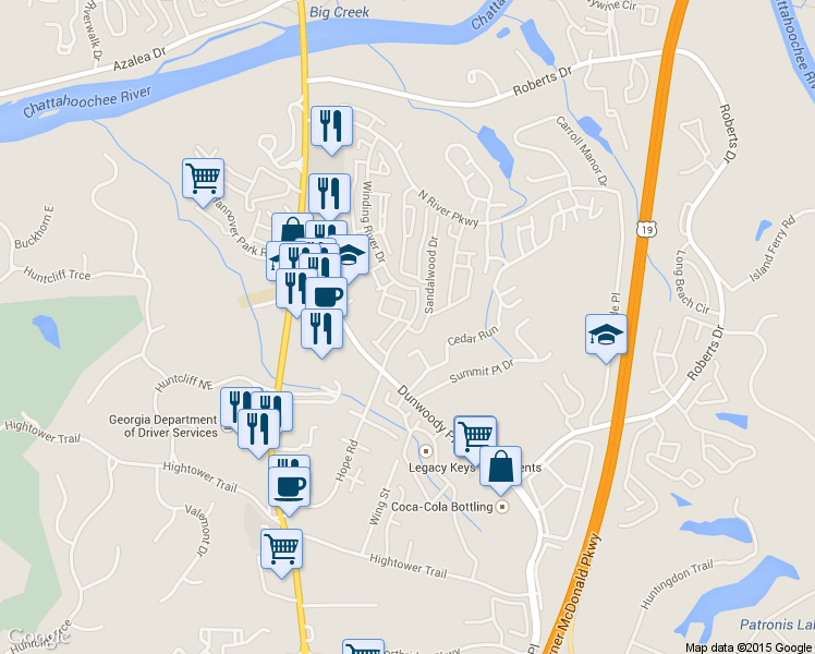 map of restaurants, bars, coffee shops, grocery stores, and more near 155 North River Drive in Sandy Springs