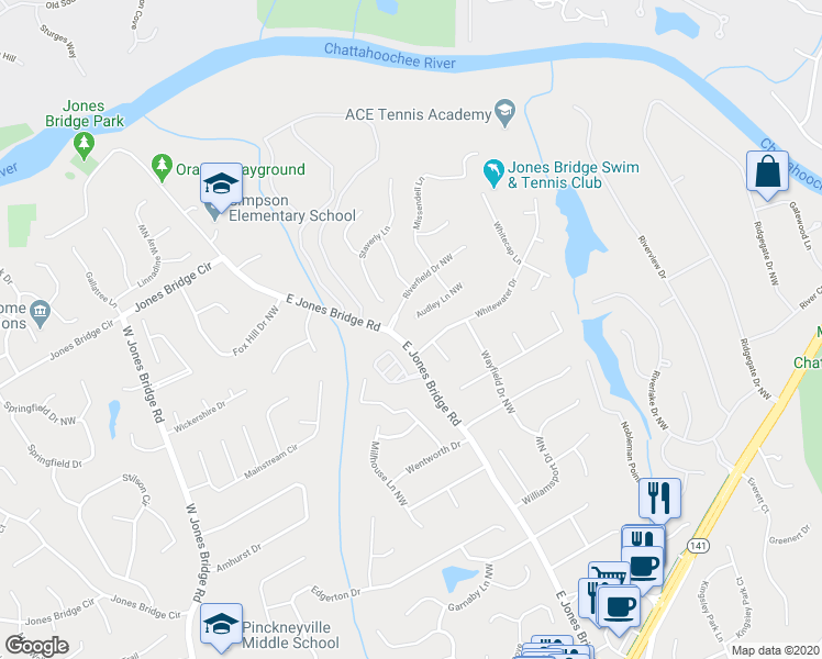 map of restaurants, bars, coffee shops, grocery stores, and more near 5102 Audley Lane Northwest in Norcross