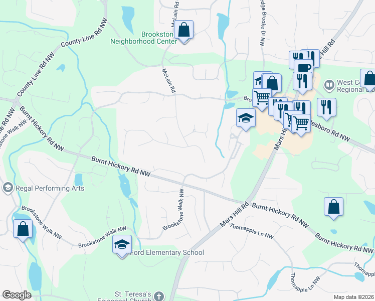 map of restaurants, bars, coffee shops, grocery stores, and more near 5599 Forkwood Drive Northwest in Acworth
