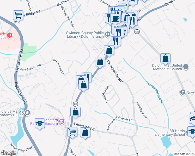 map of restaurants, bars, coffee shops, grocery stores, and more near 3330 Pickens Street in Duluth
