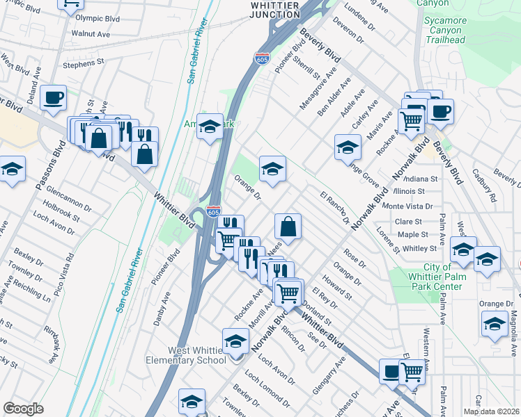 map of restaurants, bars, coffee shops, grocery stores, and more near 5808 Adele Avenue in Whittier