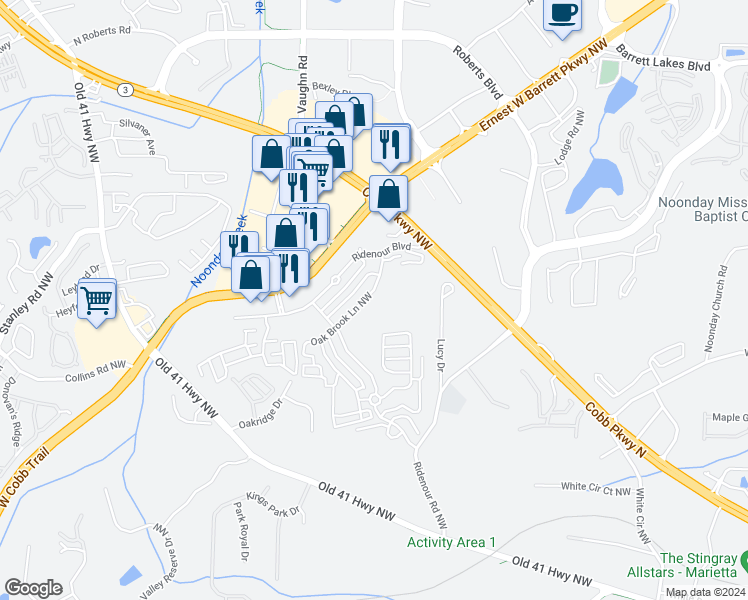 map of restaurants, bars, coffee shops, grocery stores, and more near 1754 Oak Brook Lane Northwest in Kennesaw