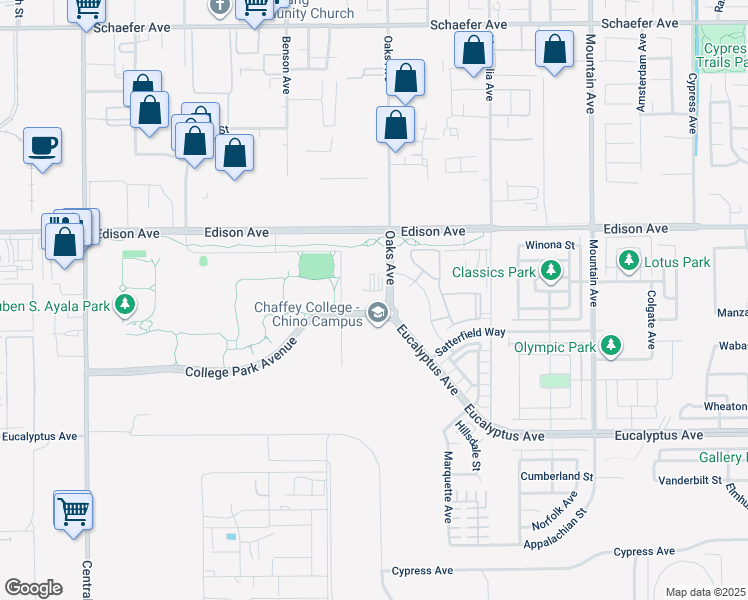 map of restaurants, bars, coffee shops, grocery stores, and more near 5890 College Park Avenue in Chino