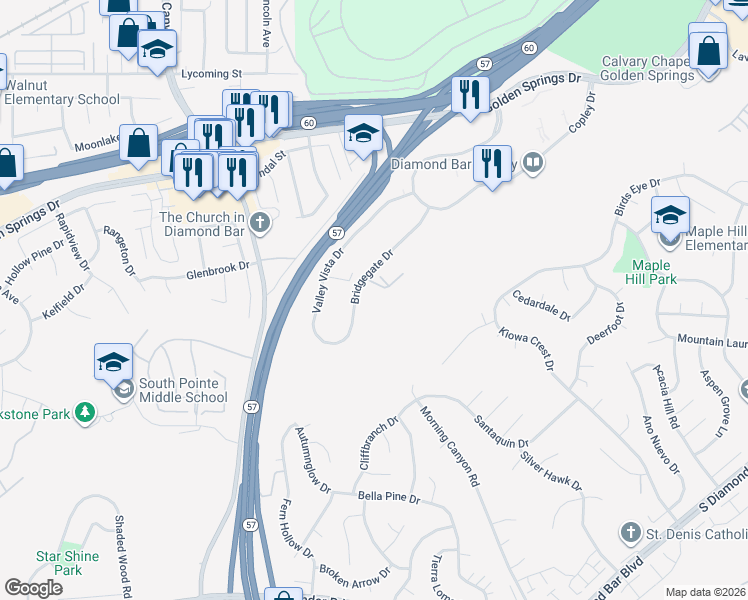 map of restaurants, bars, coffee shops, grocery stores, and more near in Pomona
