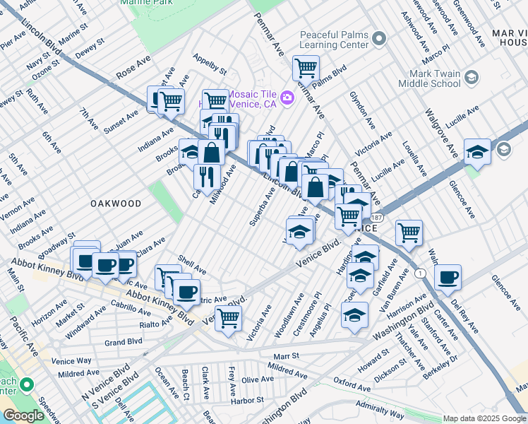 map of restaurants, bars, coffee shops, grocery stores, and more near 906 Superba Avenue in Los Angeles